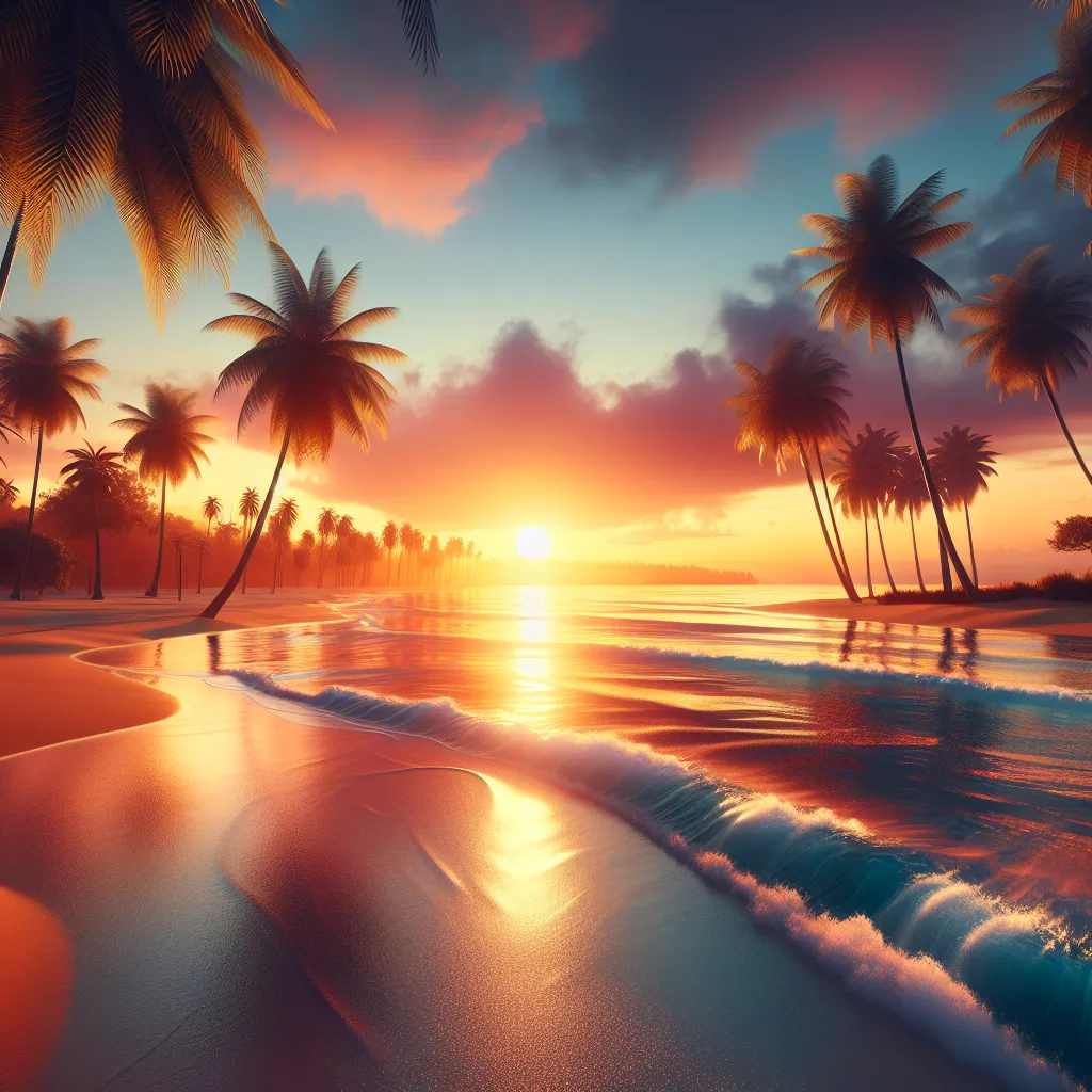 "An idyllic sunset over a serene beach, with palm trees swaying gently in the breeze."