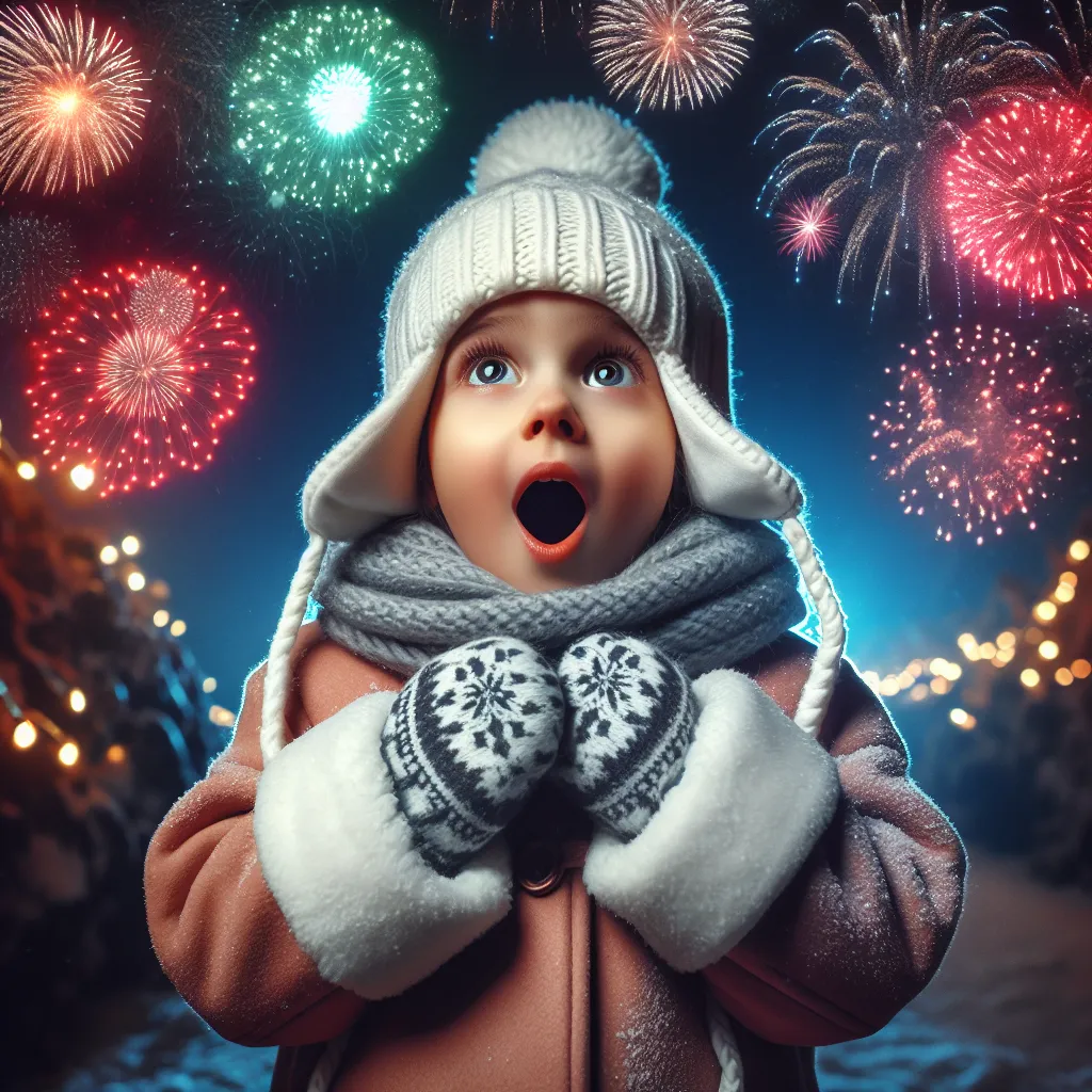 A young child wearing a winter hat and mittens, standing in awe as they gaze up at a dazzling display of colorful fireworks lighting up the night sky.