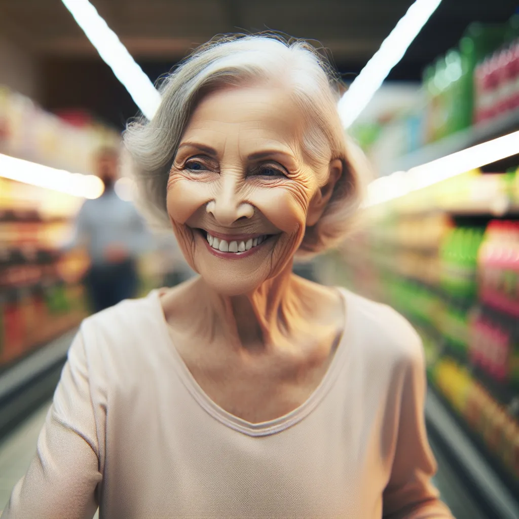 An elderly woman, Mary Jameson, smiles warmly as she navigates a grocery store aisle. The image captures her gentle demeanor and the sense of contentment that fills her daily routine.