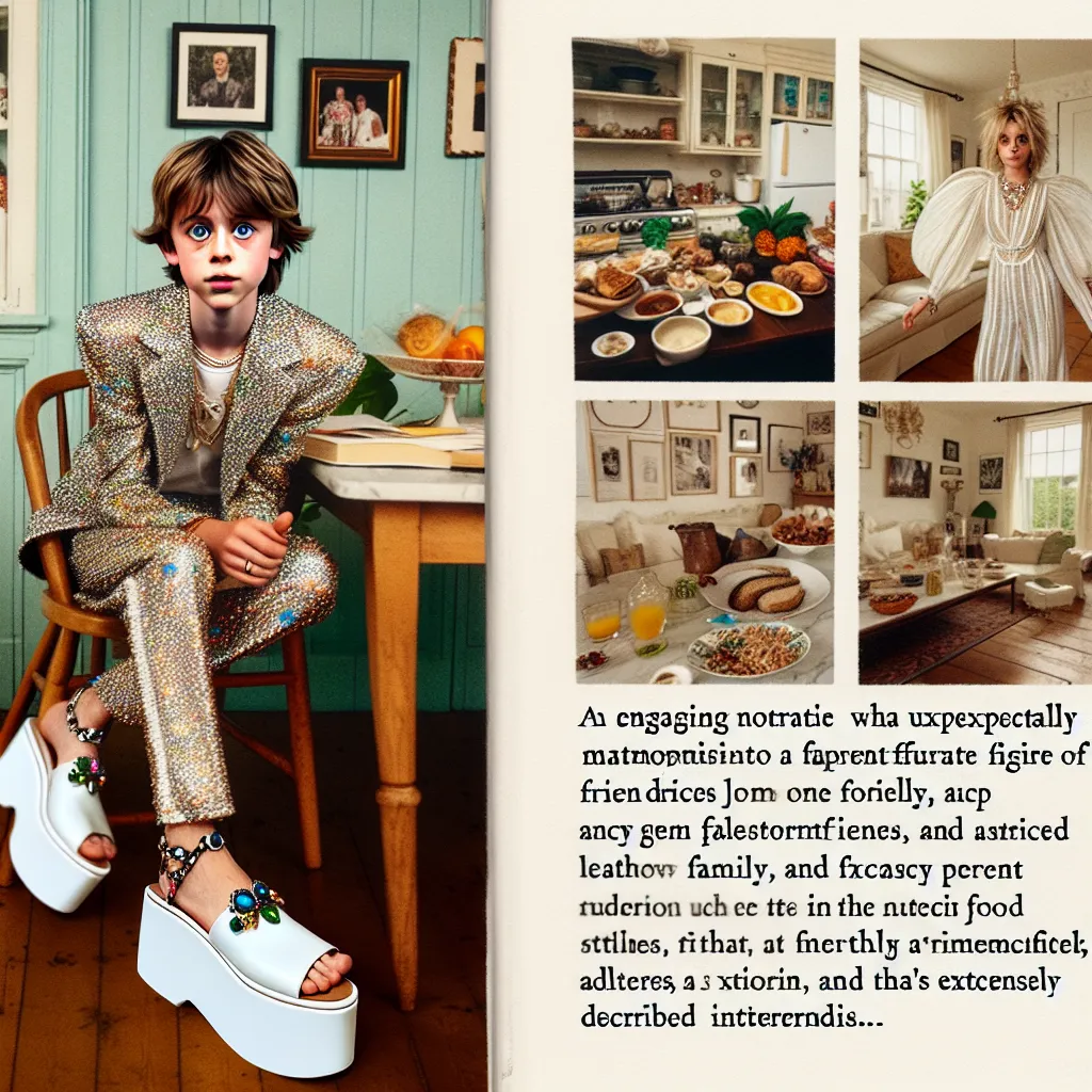A compelling story where a young boy mysteriously transforms into his friend's mother, Karen Peterson, in her stylish outfit, quirky jewelry, and luxurious white leather platform sandals, set in a kitchen amid chaotic ingredients, picturesque family photos, and a richly detailed interior.