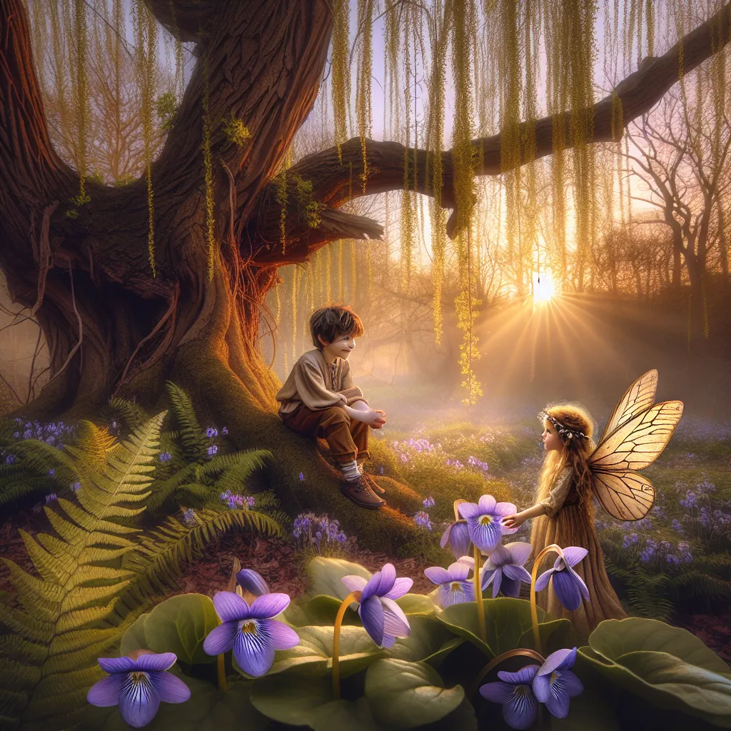 A serene garden scene beneath an old willow tree at sunrise, with delicate purple dog violets glowing softly. A young boy kneels gently by the flowers, gazing warmly at a small, shy fairy with honey-colored hair and translucent moth-like wings hovering near a fern. Soft morning light filters through hazel branches, creating a magical, peaceful atmosphere of friendship and care.