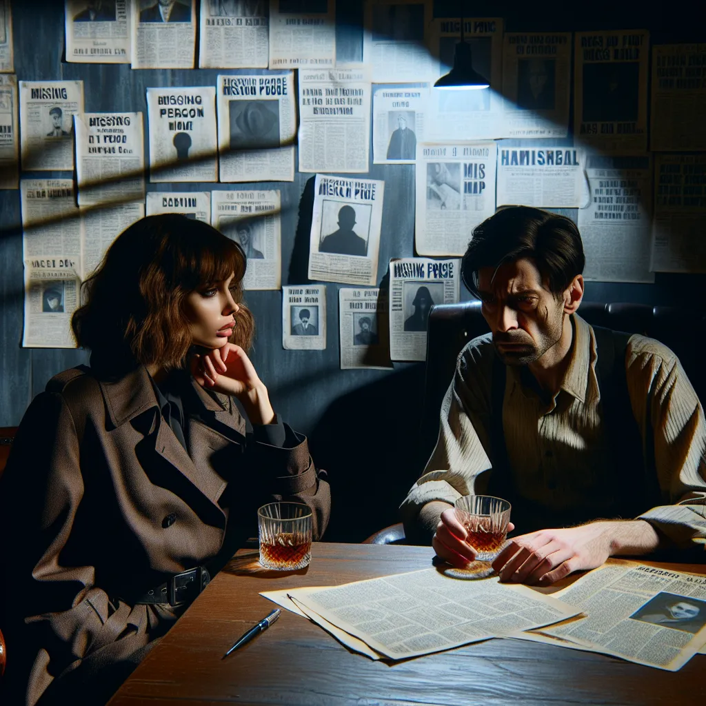 A mysterious woman and a haunted man confront the secrets of a town plagued by disappearances in a dimly-lit office, surrounded by walls adorned with missing posters and eerie headlines. In the hush of the room, they share a tense conversation over glasses of whiskey, searching for answers that have long eluded them.