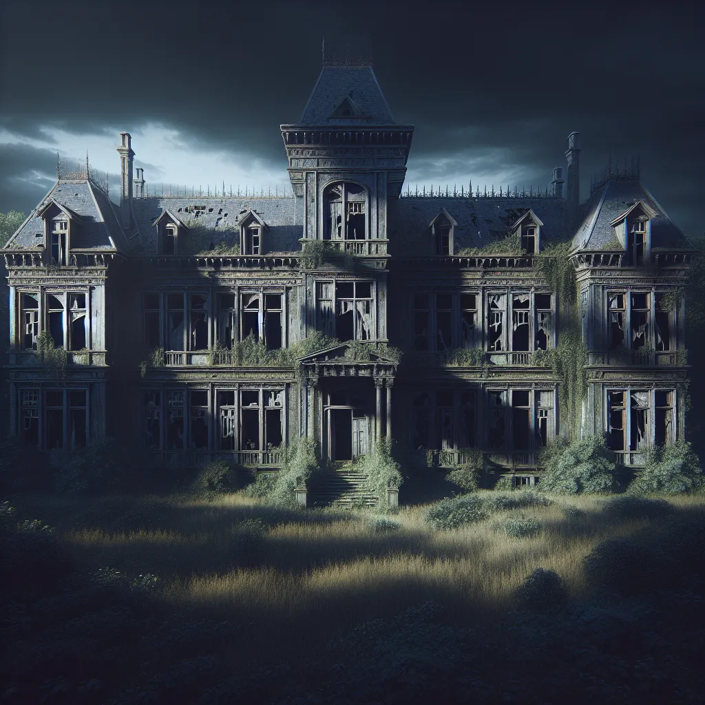 The image accompanying this story would depict a dark and eerie mansion, dilapidated and surrounded by an ominous atmosphere. The mansion's façade is covered in shadows, with broken windows and overgrown vegetation adding to the feeling of neglect. The image captures the haunting presence of the mansion, hinting at the horrors that await inside.