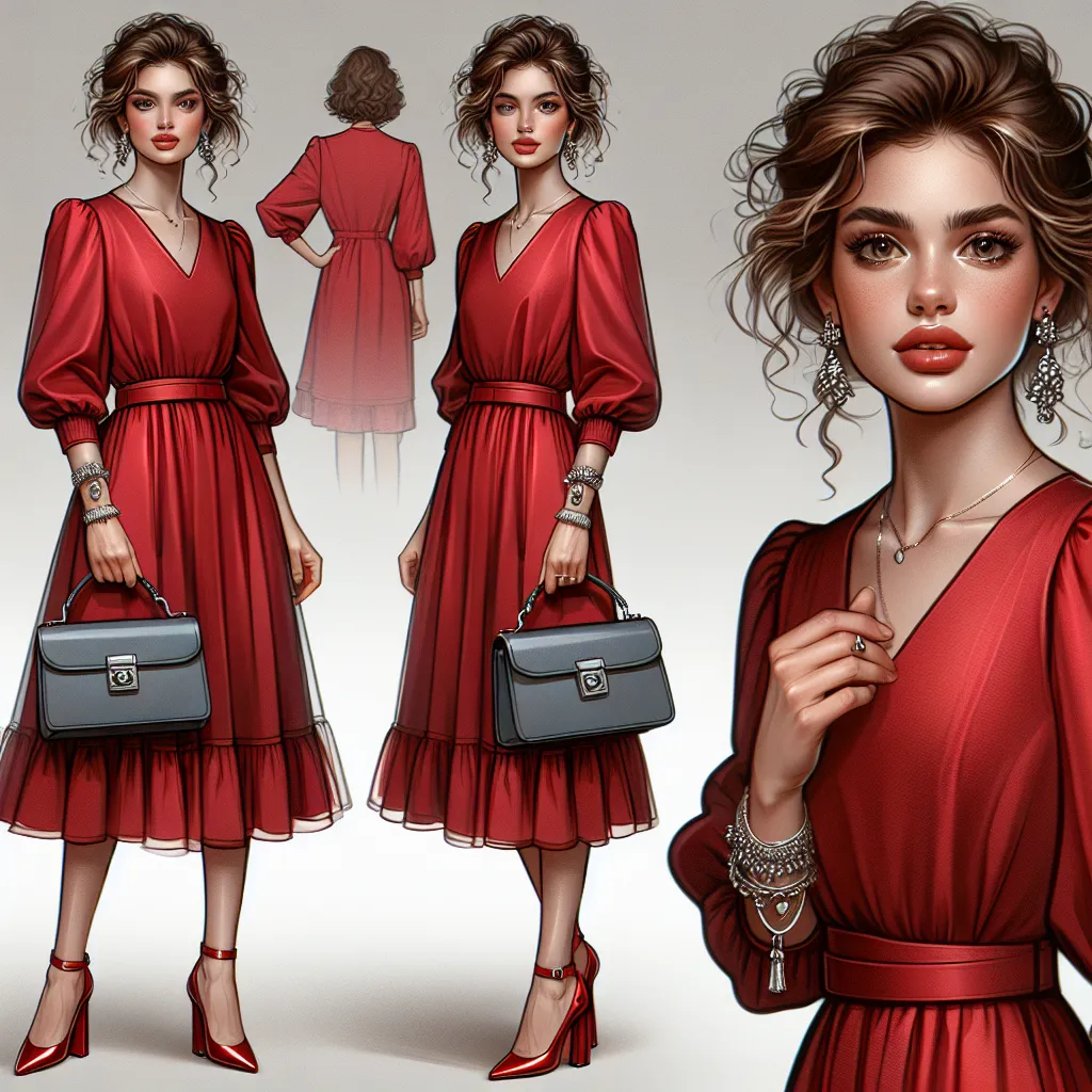 Description: The image depicts a young woman, around 18 years old, standing confidently in a shimmery red mini dress and strappy red heels. Her hair is styled in curls, and she is wearing makeup, including bold lipstick. She holds a small silver clutch purse over her shoulder and wears accessories, including earrings, a bracelet, and a necklace. The background is neutral, allowing the focus to be on the subject.