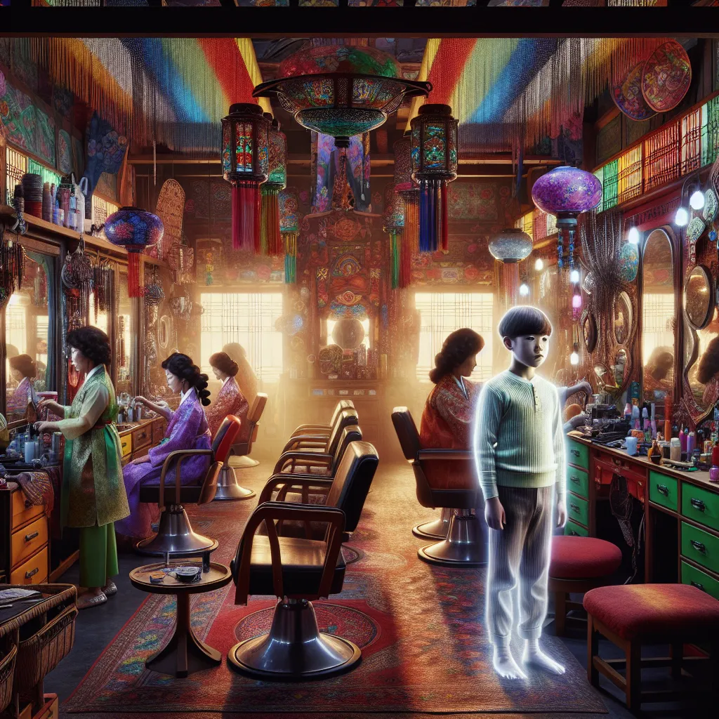 A young boy named Owen Halliday experiences a mysterious transformation at a Korean hair salon. The story unfolds as he navigates a surreal experience of being both invisible and trapped in different bodies, including those of the Korean women working in the salon. Owen's journey blurs the lines between reality and dreams, weaving intricate details of the salon atmosphere, the women's jewelry, and the cultural exchanges around him. This visually rich narrative follows Owen's internal turmoil and