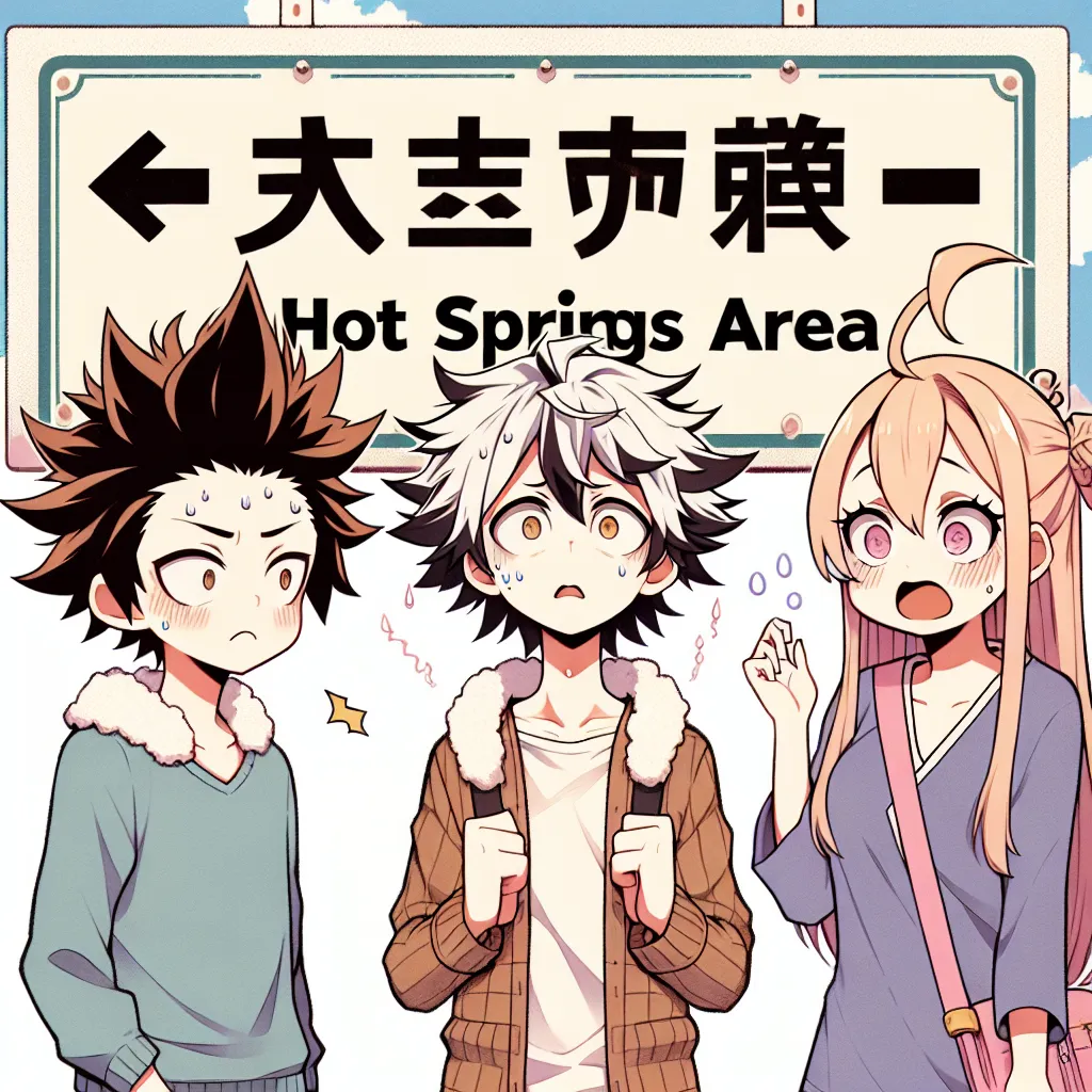 Naruto, Sakura, and Ino stand next to a sign for the Konoha Hot Springs. Naruto appears nervous while Sakura and Ino look excited.