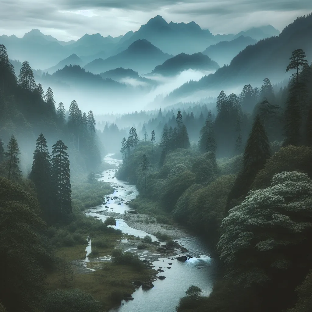 A serene forest scene with misty mountains in the background and a meandering river flowing through the middle.