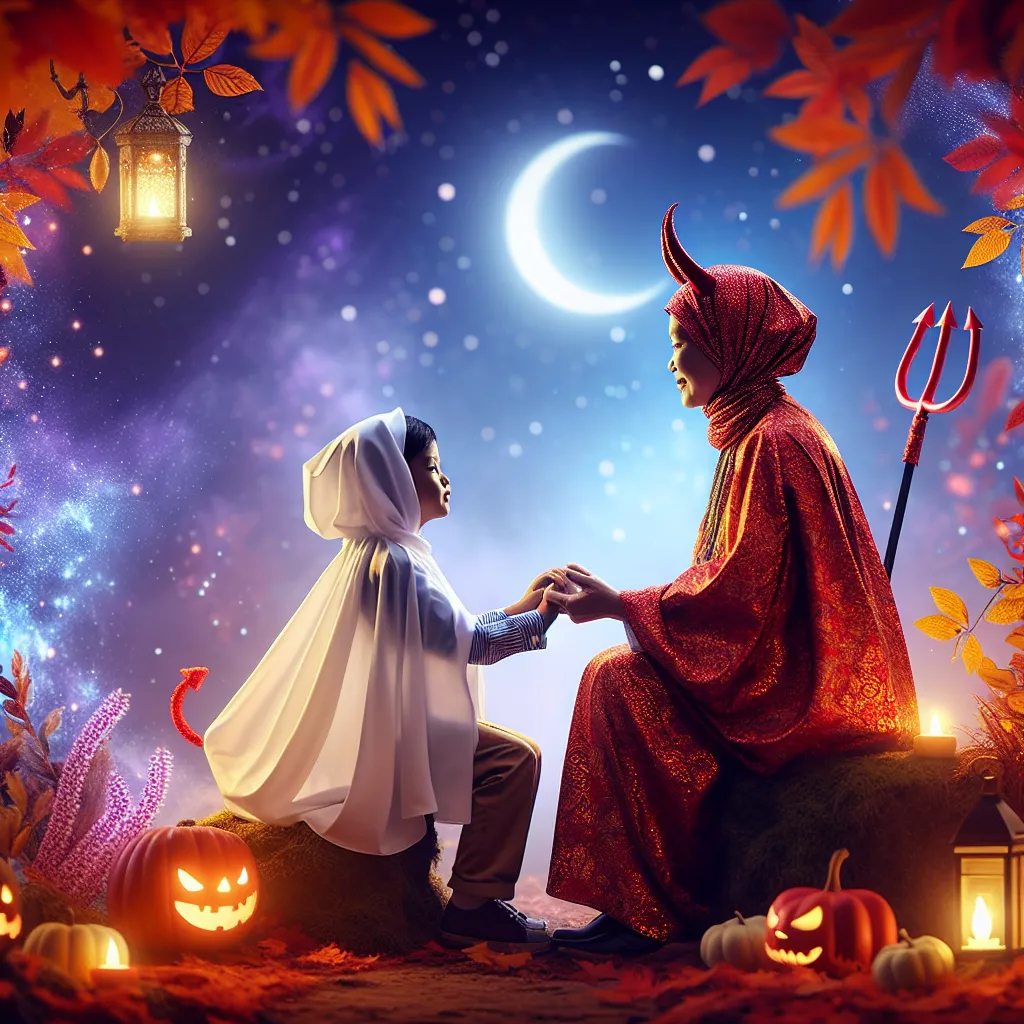 A child's ghost costume intertwines with a mother's devil costume in a transformational tale filled with love and loss, captured in a moment of realization and eternal connection.