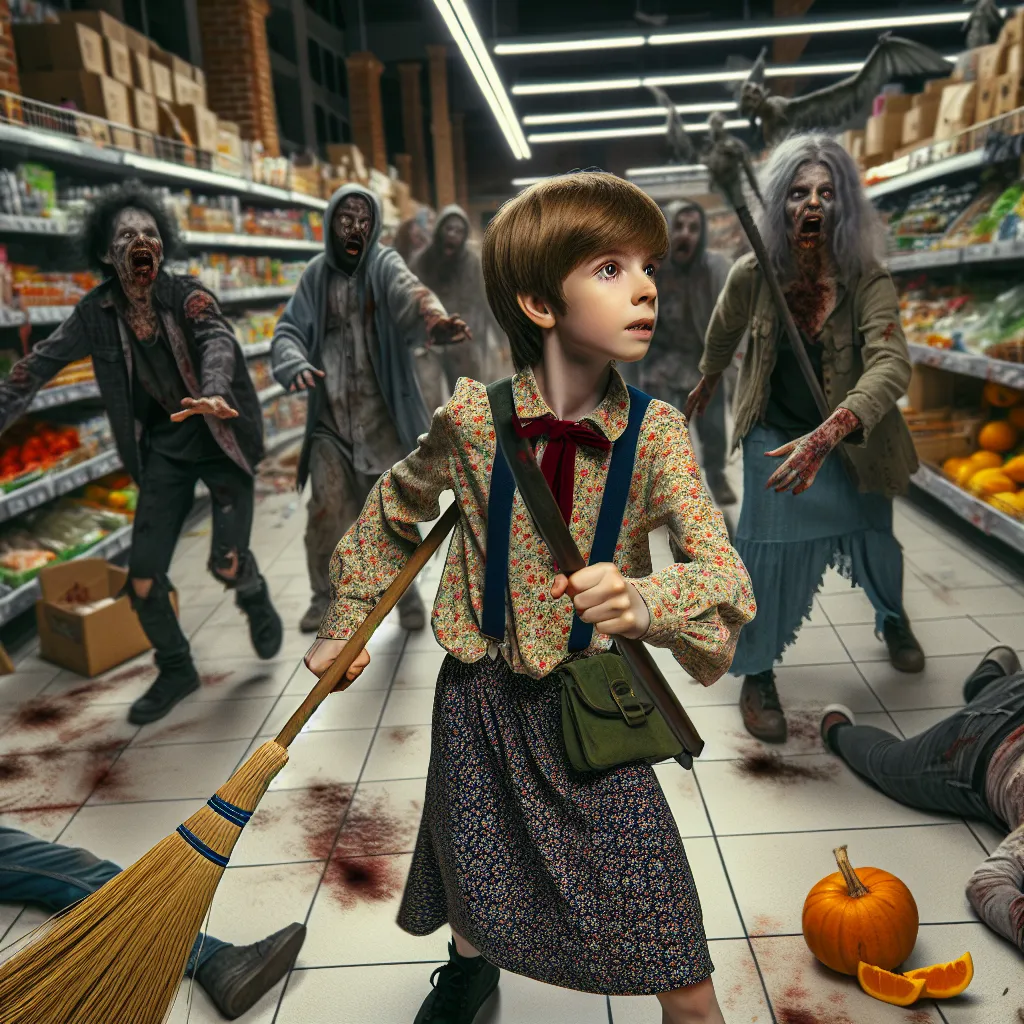 A young boy named Alex, dressed in a floral blouse and skirt, fights off zombies in a crowded grocery store with a broom and various makeshift weapons.