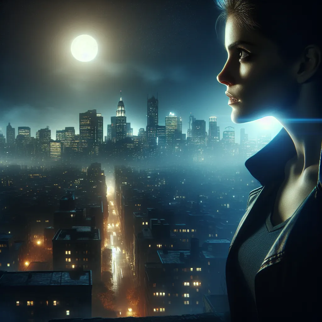 Description: A woman with a determined expression stands on a rooftop, looking out at a city skyline shimmering beneath the moonlight. The glow of distant lights and the mysterious shadows hint at the unresolved disappearance of her sister, igniting a sense of longing and determination in her eyes. The image captures the theme of mystery and the protagonist's relentless search for answers amidst the urban backdrop.