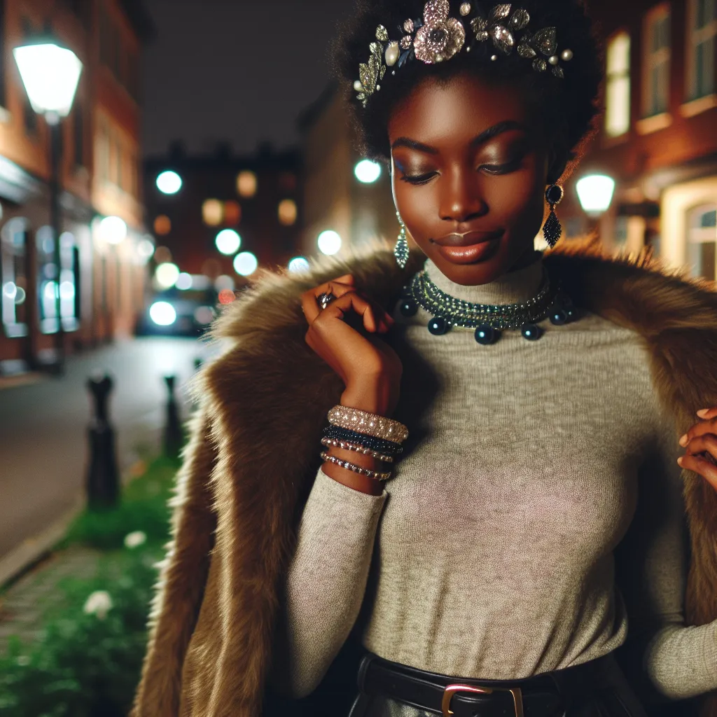 A confident and empowered woman named Shaniqua, adorned in fashionable accessories, walks through a cozy neighborhood at night, embracing her newfound identity.