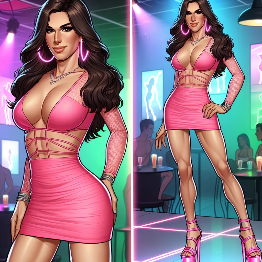 Description: The image depicts a confident and stylish transgender woman named Jennifer, in her 30s, dressed in a neon pink mini dress and matching large clubbing sandals. She is shown striking a pose with her hands on her hips, embracing her femininity with a proud and empowered expression on her face. The background consists of a club setting, with colorful lights and a dance floor, symbolizing Jennifer's journey of self-discovery, acceptance, and celebration of her one-year transition anniver