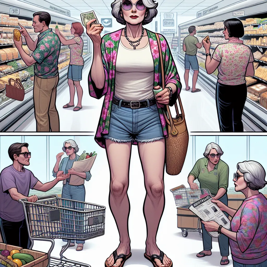 The image will show Johnny, a 62-year-old woman named Madeline, shopping in a grocery store. She wears a floral T-shirt, jean shorts, and flip-flops. She clutches a shopping cart and a purse, while holding a grocery list and money in her hand. Madeline is in search of a specific cheese and interacts with various customers and employees throughout her trip.