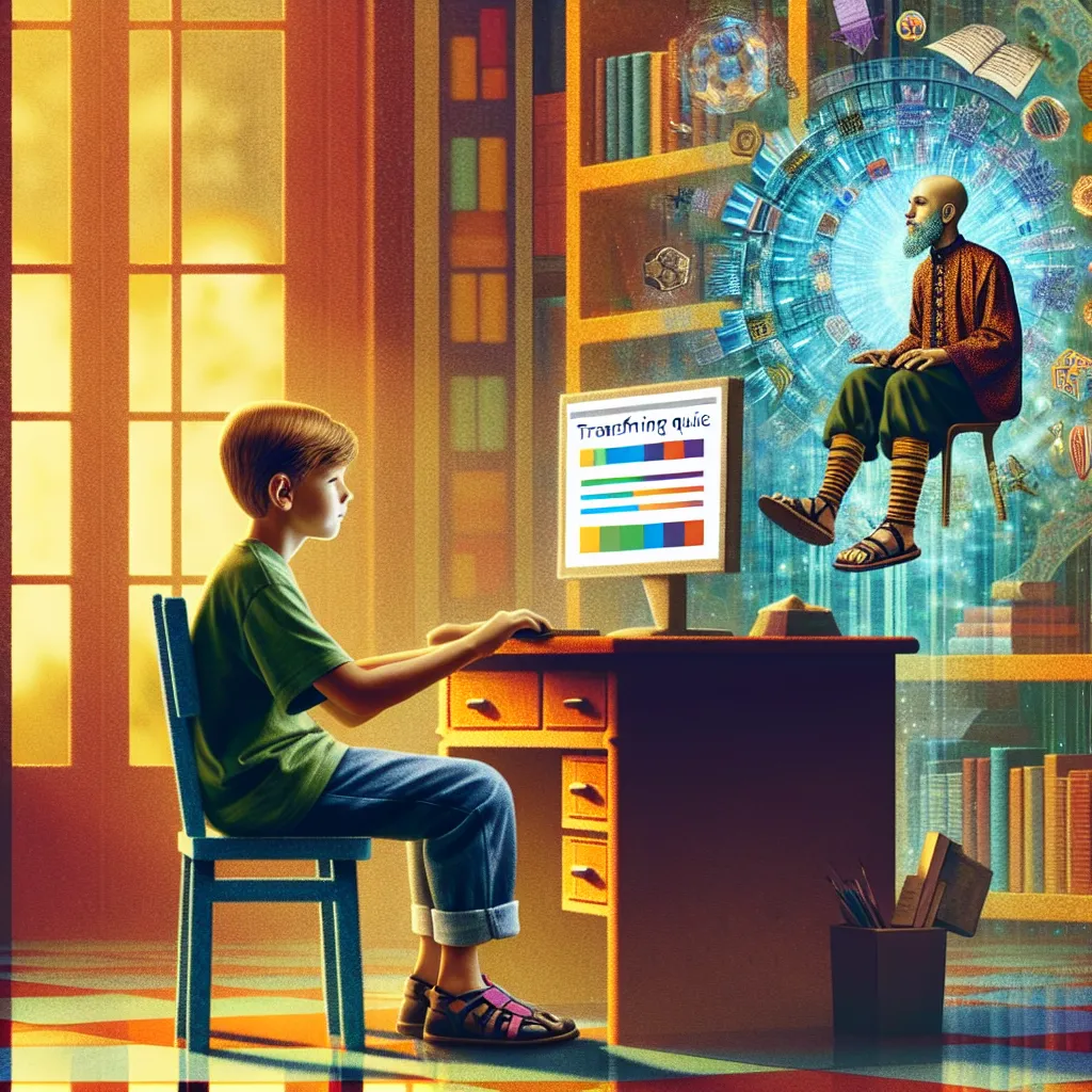 An image of a young boy named Will seated at a desk, engrossed in a colorful online quiz, his eyes wide in surprise as his feet begin to transform into adult female feet, growing in size and elegance, pink sandals appearing around them.