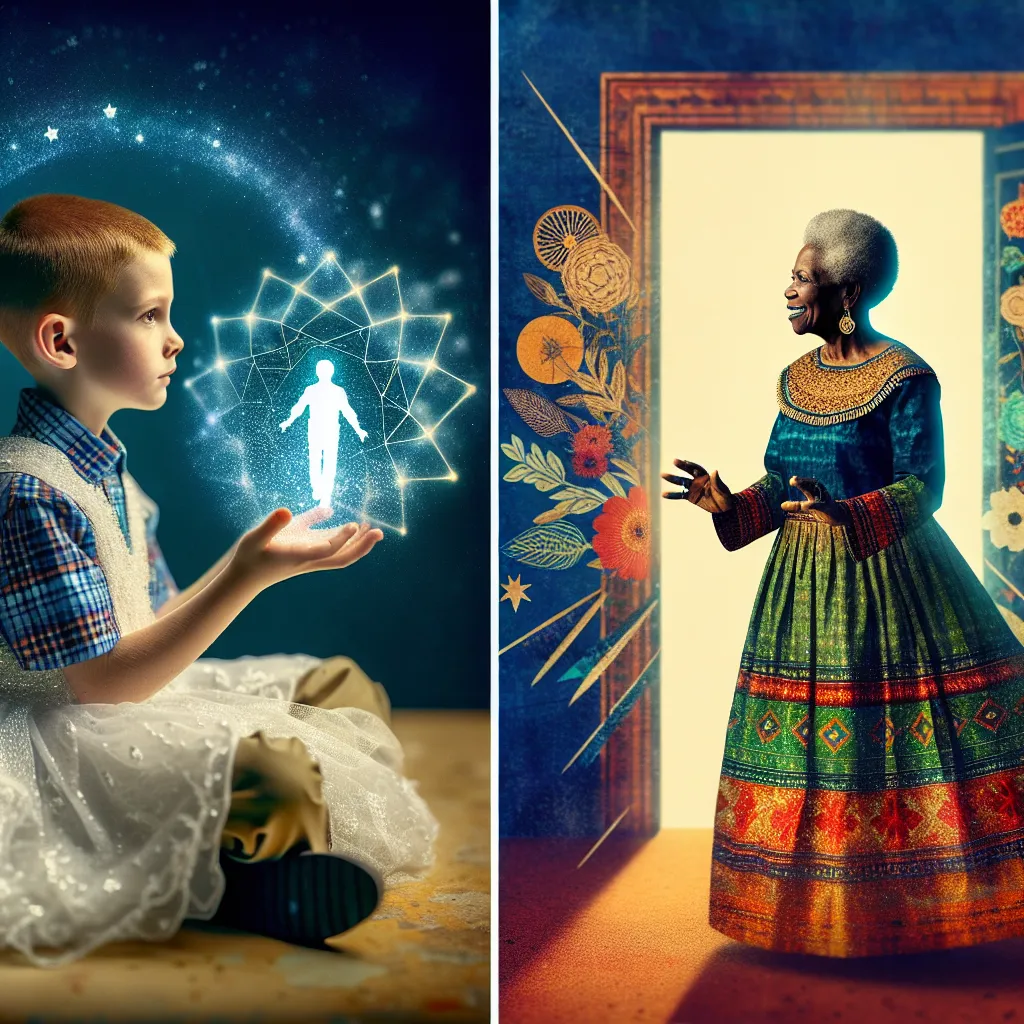 An image of a young boy in a wedding dress sitting on a bed and a confident older woman standing in the doorway, symbolizing a transformation and a journey of self-acceptance.