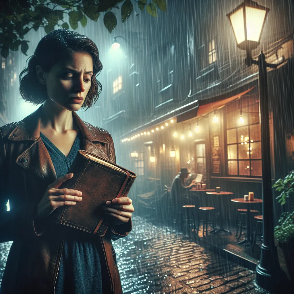 Description: An image of a woman named Veronica standing under a street lamp in a dimly lit alley, clutching a worn leather journal. Rain is falling, and a small coffee shop is visible in the background. Veronica's face is filled with uncertainty and determination as she contemplates the mysteries surrounding her brother's disappearance.