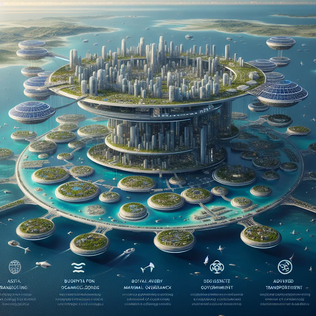 An image of Ocean Metropolis, a futuristic floating city complex that hovers above the vast oceans. The city is built on a colossal, multi-layered floating platform made from buoyant and resilient materials. Solar panels coat the rooftops, providing continuous power while ensuring the safety of marine wildlife. The city features vibrant residential areas, bustling commercial zones, and extensive agricultural sectors. Dedicated sections for marine conservation and animal habitats promote biodiver