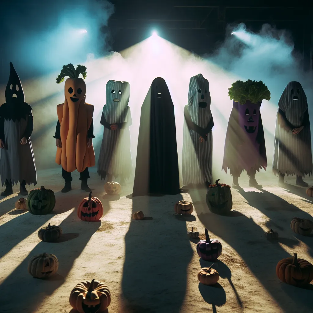 An image of a group of people dressed in spooky costumes, including talking vegetables, performing on stage with fog and eerie lighting.