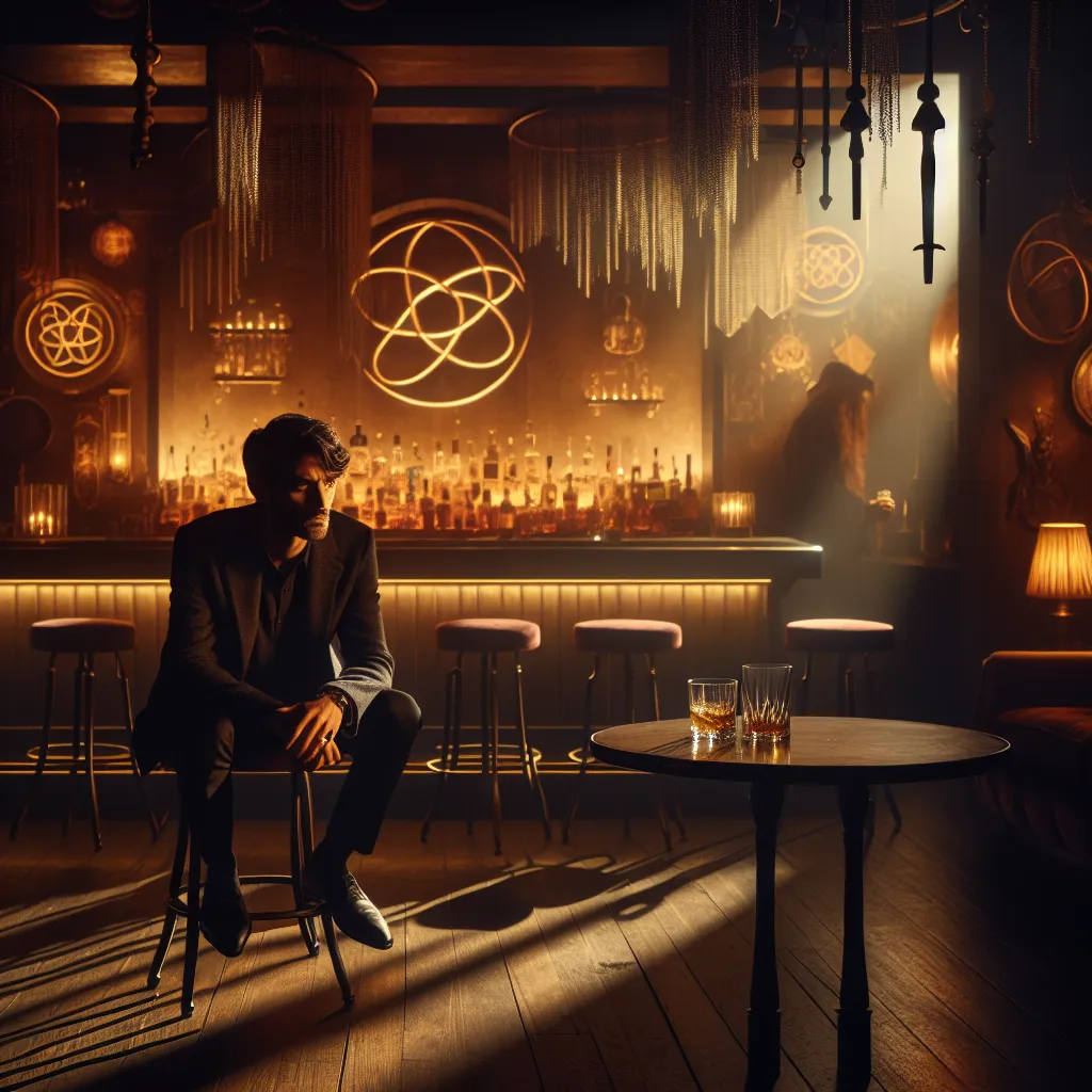 A club owner, burdened by a curse, grapples with loneliness as he contemplates a pact made with an enigmatic elf to find her missing sister. Emptiness pervades the room as he seeks solace in a bottle of whiskey, reflecting on the intertwined fate that could bring redemption to them both.