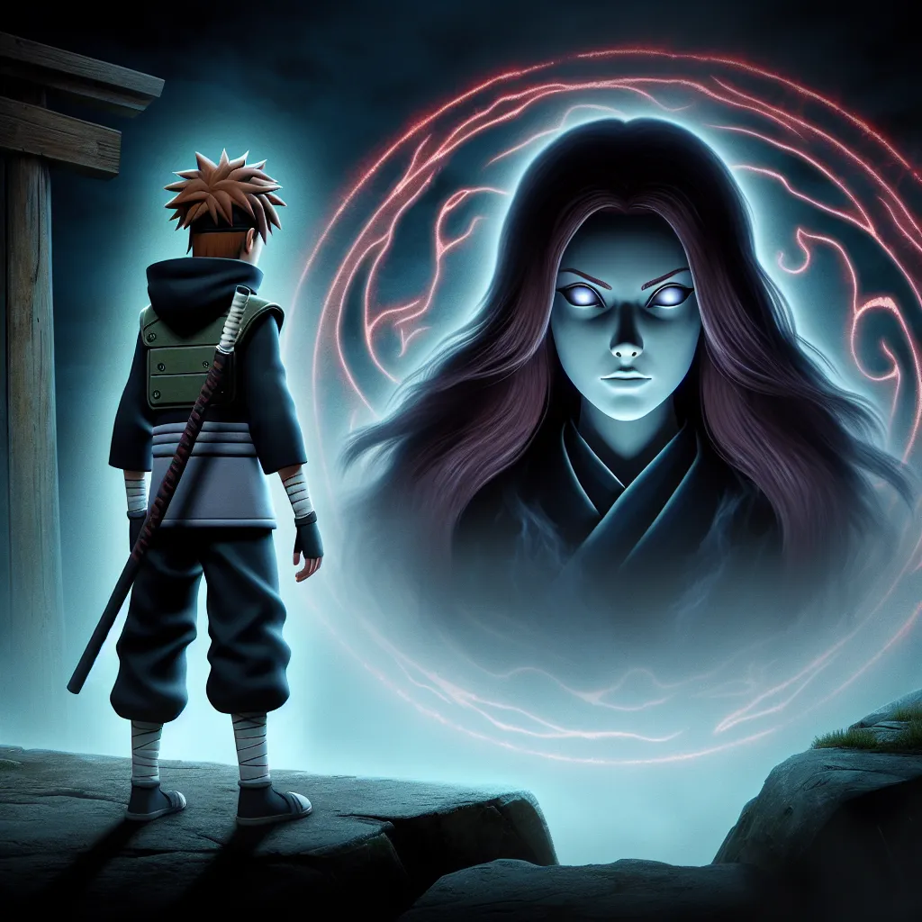 The generated image depicts Naruto standing on the edge of a dark, ominous void, with the Eight Sign Seal looming in front of him. Within the seal, a ghostly figure of a woman, Naruto's mother Kushina, emerges. She has long, flowing auburn hair and piercing violet eyes, giving off an eerie presence.