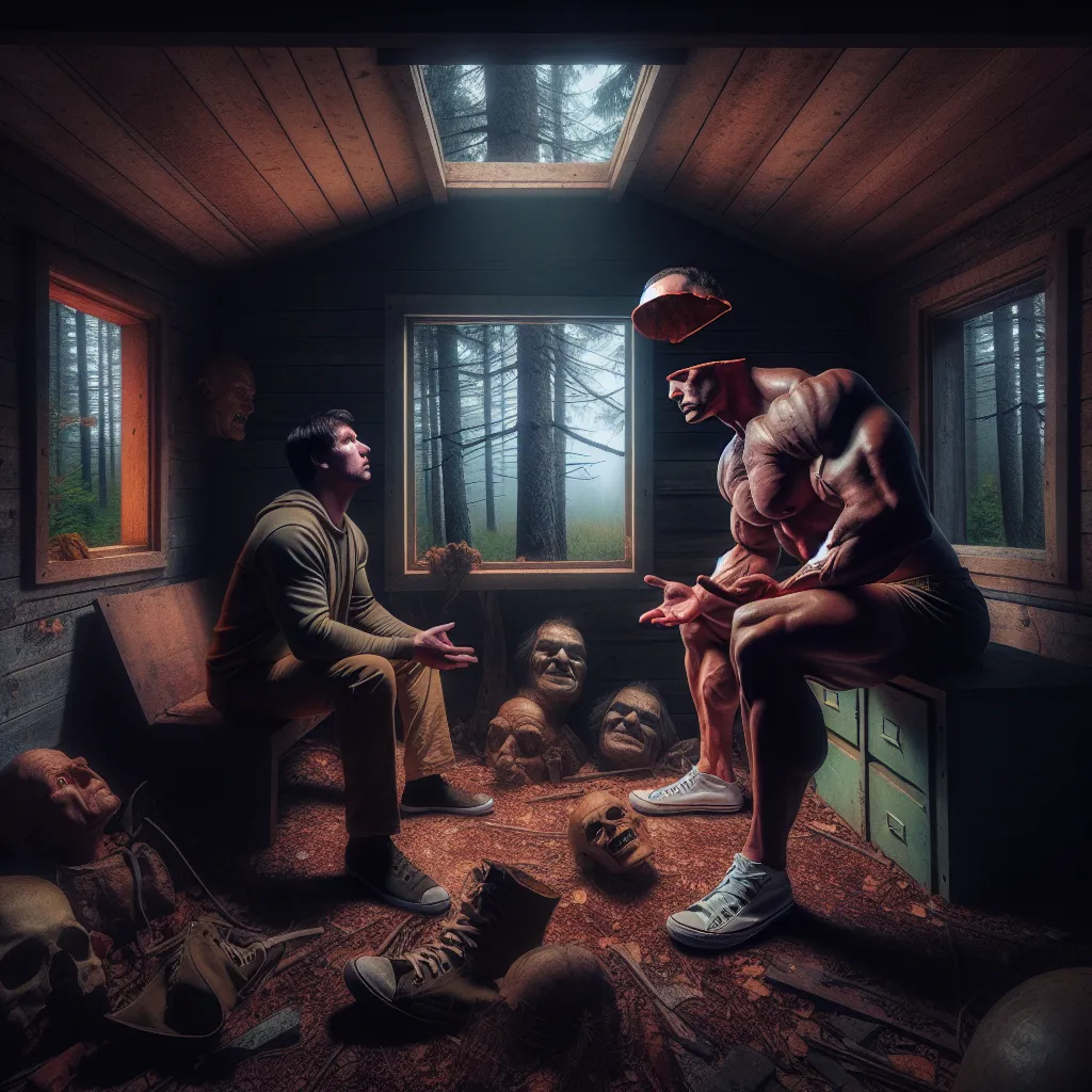 The image accompanying this story is an eerie and atmospheric scene, depicting a dimly lit cabin nestled in a secluded woodland. The room exudes an air of unease, with broken fragments of consciousness scattered around. In the center, two figures are engaged in a tense confrontation. One is a disoriented man named Zach, while the other is a muscular and hot-tempered bodybuilder named Tyler. The image captures the palpable fear and confusion that envelops Zach as he realizes his head has inexplic