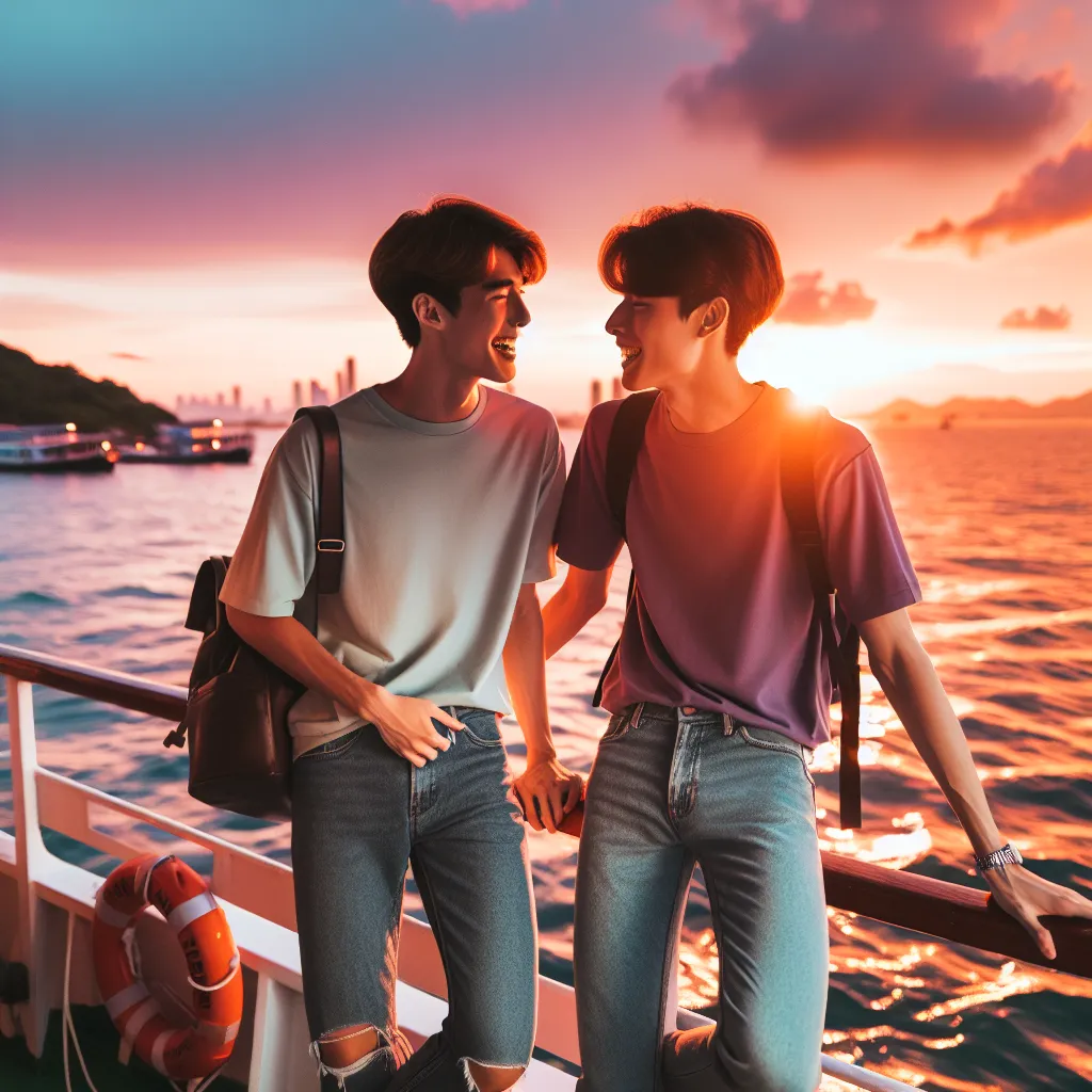 A person in a swimsuit, leaning against the railing of a boat, surrounded by water and a colorful sunset. They are in someone else's body and sharing a lighthearted moment with their best friend.