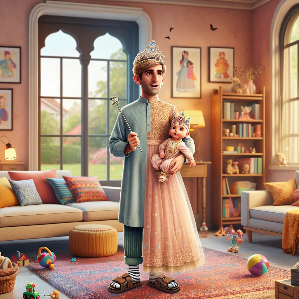 A detailed image of a young boy, Oliver, with a look of shock and confusion on his face as he finds himself inexplicably transformed into his cousin Luna, complete with a princess dress, sandals, crown, baby doll, and wand in a cozy living room setting.