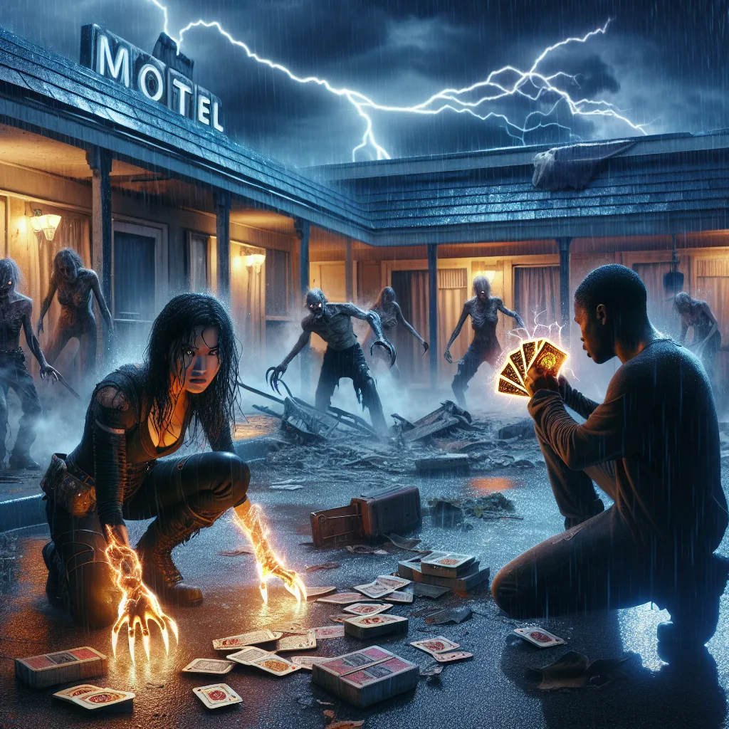 A rain-soaked, crumbling motel exterior at night with flickering lightning illuminating two mutants—a woman crouched with glowing claws and a man tossing glowing kinetic-charged playing cards—facing an advancing horde of decaying zombies emerging from shattered doors and shadowed alleyways, under heavy rain and swirling mist, tense and ready for battle amidst scattered debris and shattered plaster.