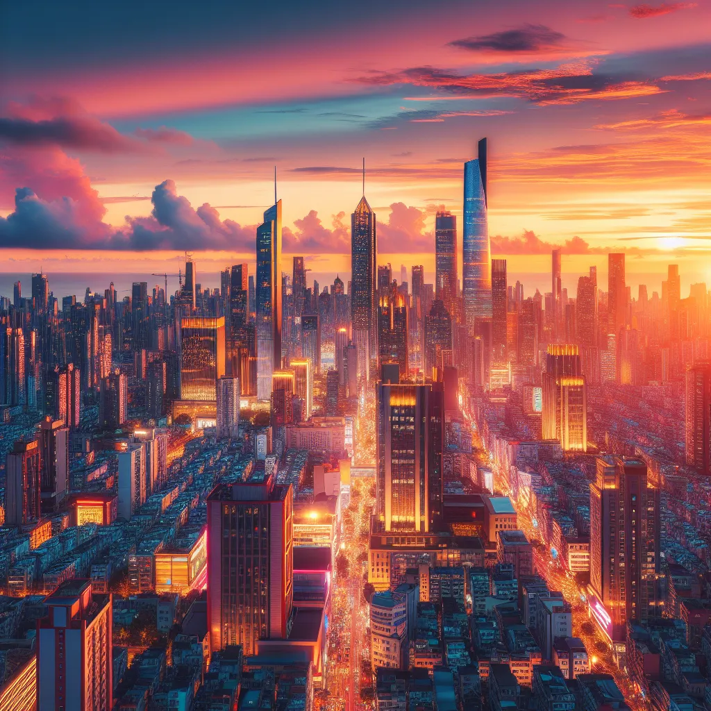 A vibrant cityscape at sunset, with skyscrapers shimmering in warm hues as the city buzzes with life below.