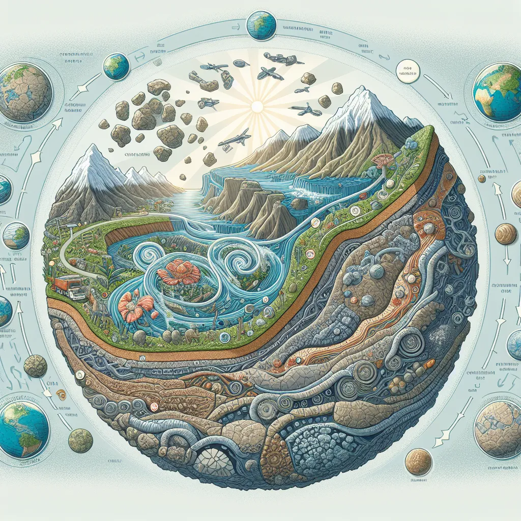 A dynamic illustration showing the interconnectedness of plate boundaries, the rock cycle, soil formation, and diverse ecosystems, shaping the ever-changing landscape of Earth.