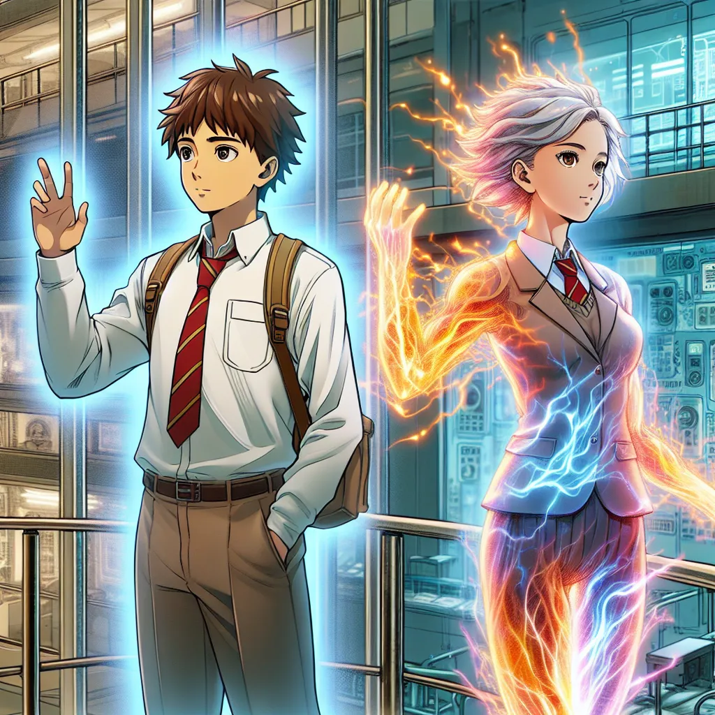 The generated image will depict Kamijou Touma and Misaka Mikoto standing together, facing opposite directions. Kamijou Touma will be depicted in his usual appearance, wearing a high school uniform and having his right hand raised, showcasing the power of "Imagine Breaker" in his hand. Misaka Mikoto will be depicted in her Level 5 esper form, crackling with electrical energy, with a determined expression on her face. The background will depict the facility where the body swap took place, with the