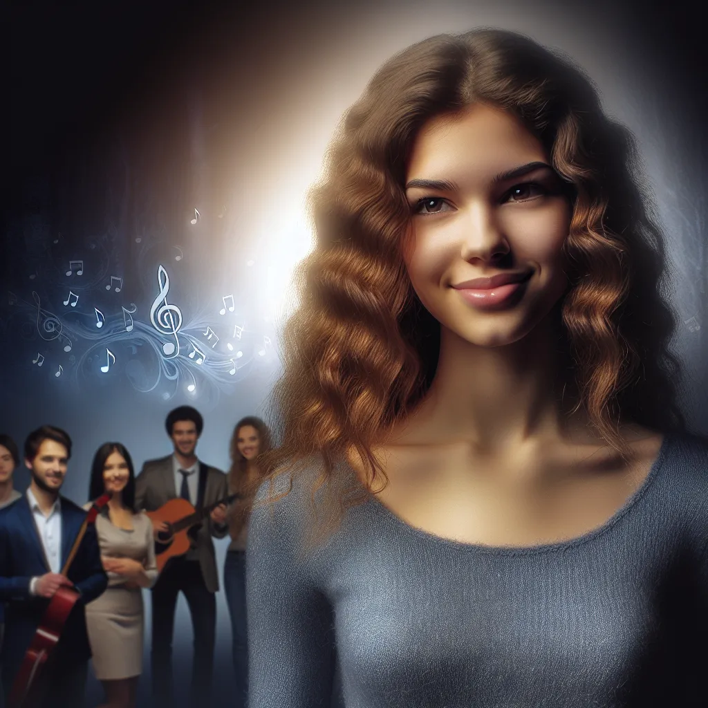 An image of a young girl with curly brown hair and a warm smile. She stands tall and confident, surrounded by fans who admire her music and achievements. She exudes an air of mystery and strength, hinting at the transformation she has gone through to become the artist she is today.