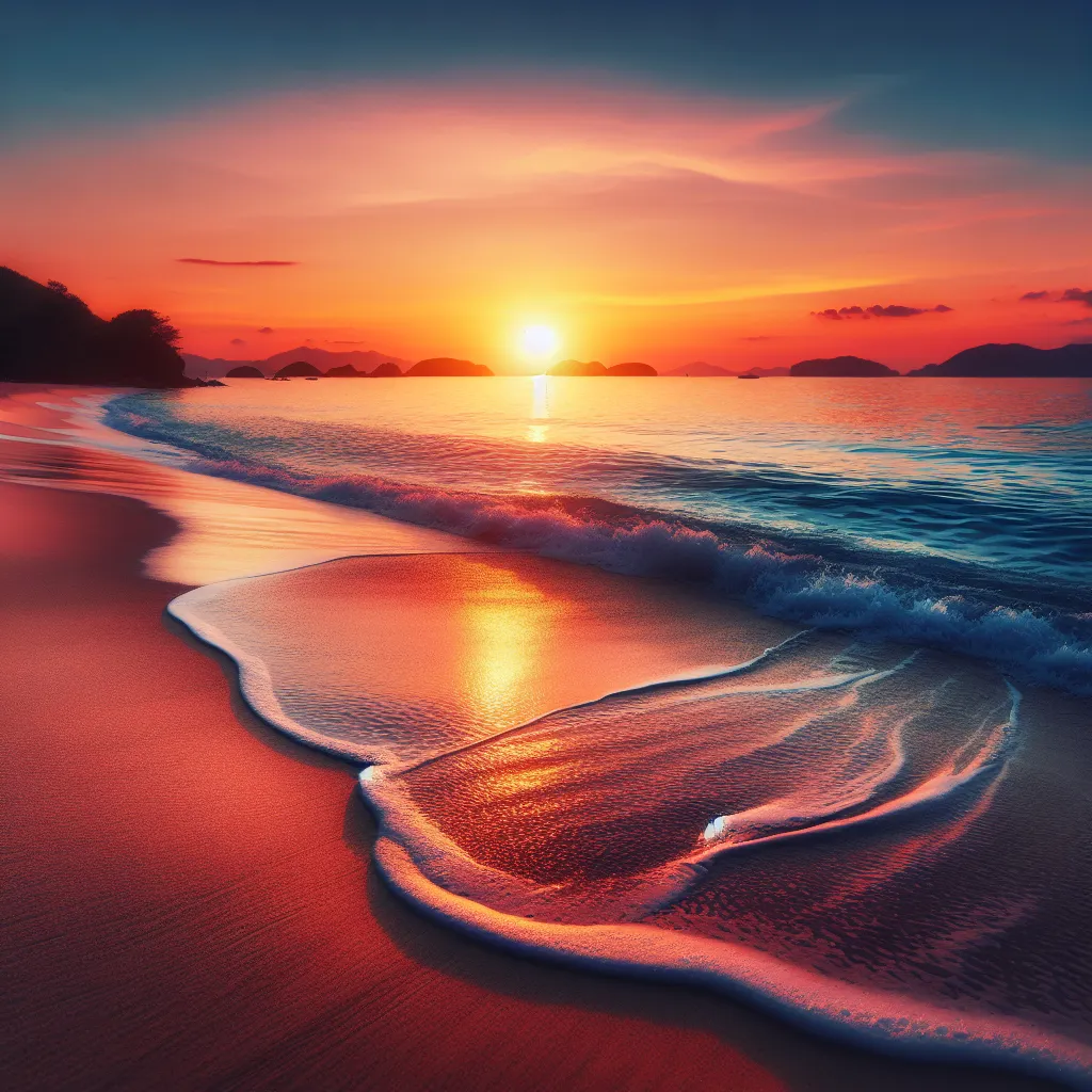 A beautiful sunset overlooking a serene beach, with calm waves gently lapping onto the shore.