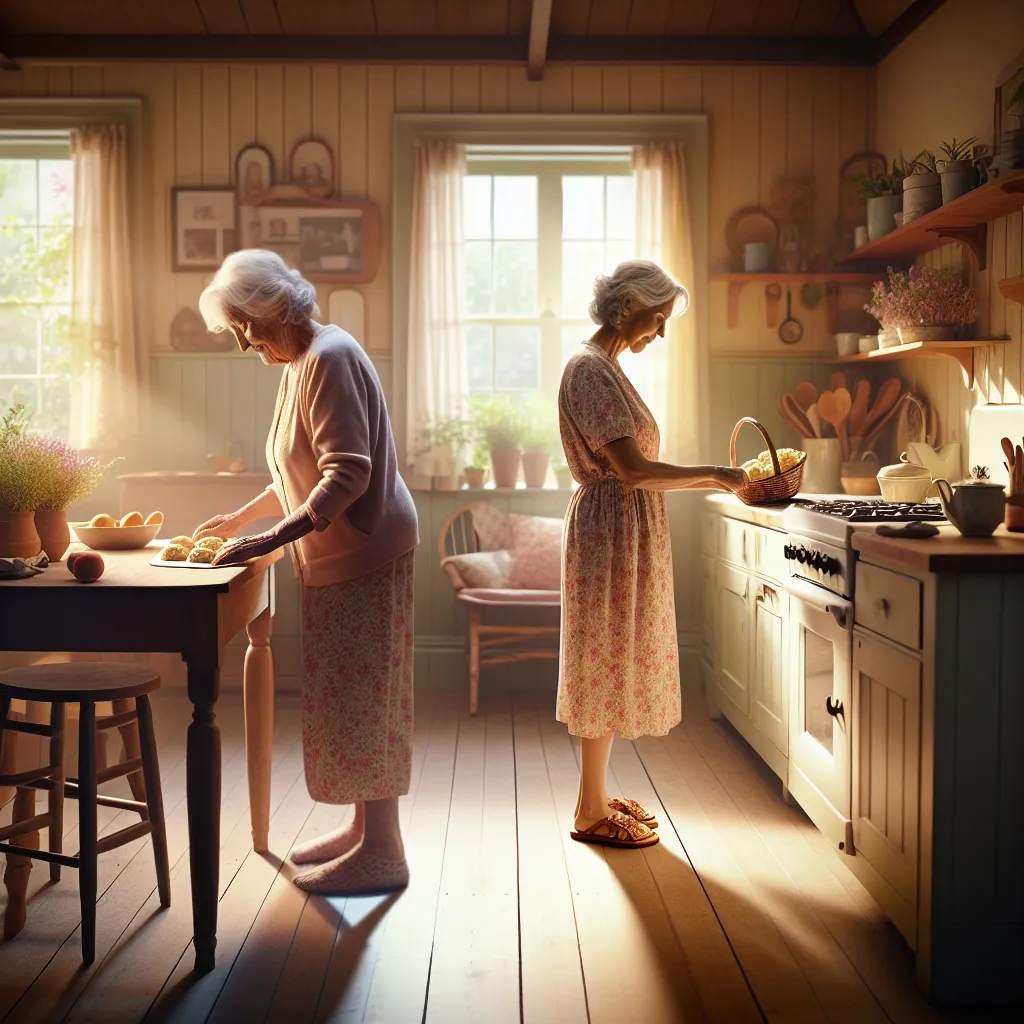 A poignant tale of transformation unfolds as a young boy magically becomes his grandmother, Estelle Whitaker. The picture shows a serene elderly woman in floral sandals, baking scones in a cozy kitchen, embodying a sense of contentment and quiet joy.