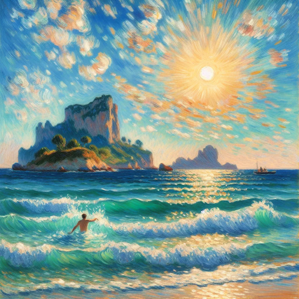 Beach, Waves, Island, Swimming, Transformation in the style of Monet