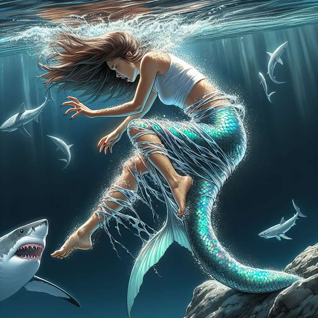 The image accompanying this story should depict a young woman in the water, her legs transforming into a long, iridescent mermaid tail. She is tangled between two rocks, panicking as she tries to free herself. A great white shark circles nearby, adding to her heightened fear. The image should capture her struggle and desperation as she fights to survive and adapt to her new form.