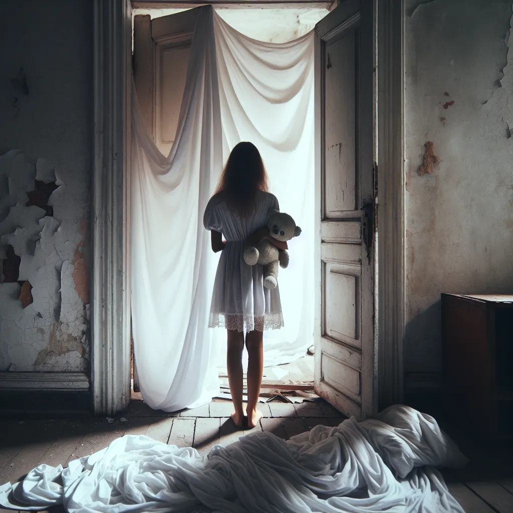 An image of a young woman standing at the entrance of an old, abandoned house. The house is covered in white sheets, creating a ghostly atmosphere. The woman is holding a stuffed animal as she hesitates to enter the house.