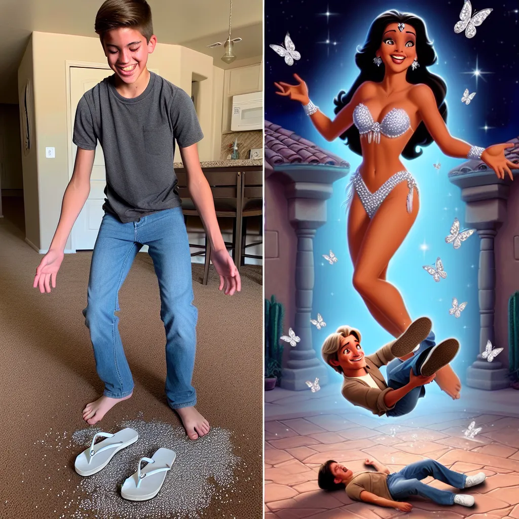 An image of a young boy in Arizona tripping over a pair of white flip-flops with rhinestones scattered on the floor, accompanied by his transformation into a young woman named Lisa.