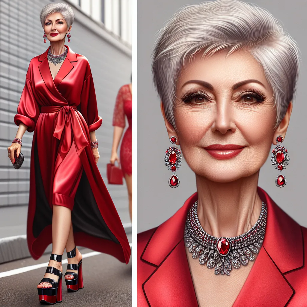 This image could depict a 65-year-old woman named Debra, transformed from a 6-year-old boy named Tommy. She is dressed elegantly, wearing a bright red silk dress and shiny black platform sandals. Her short silver hair is styled neatly, and she accessorizes with expensive jewelry, including diamond earrings and a ruby necklace. Debra exudes confidence as she confidently walks down the street, embracing her new opulent lifestyle.