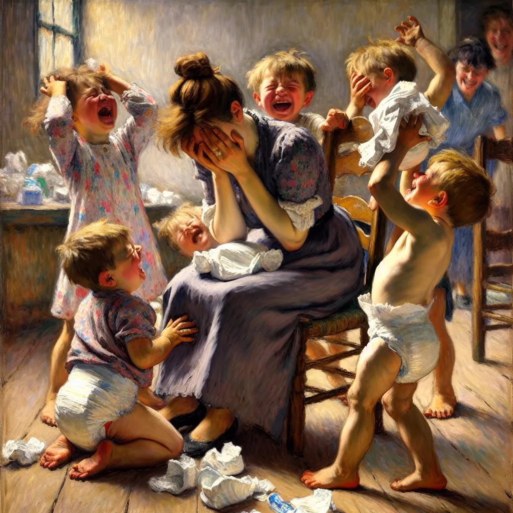 Mother, Children, Diaper, Embarrassment, Laughter in the style of Monet