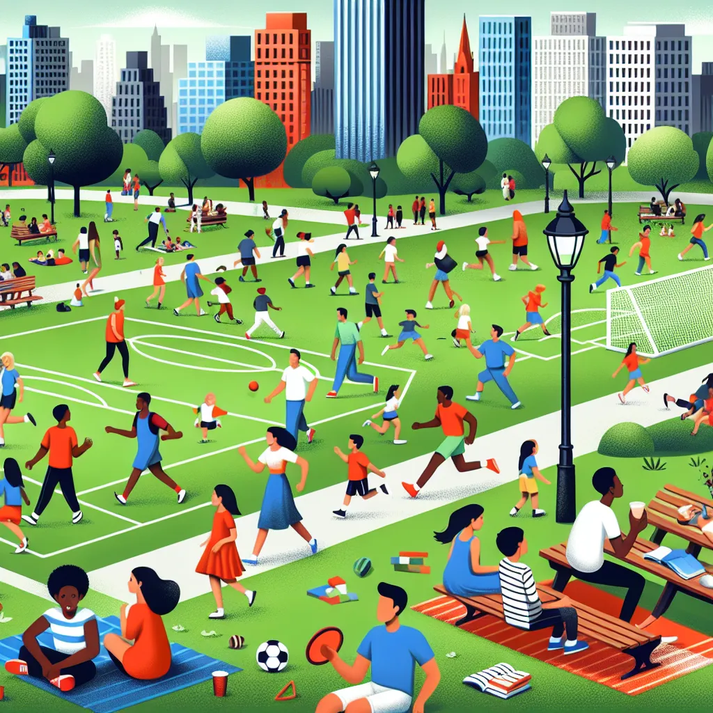 A diverse group of people engaging in various activities in a bustling city park, depicting a sense of community and vibrancy.