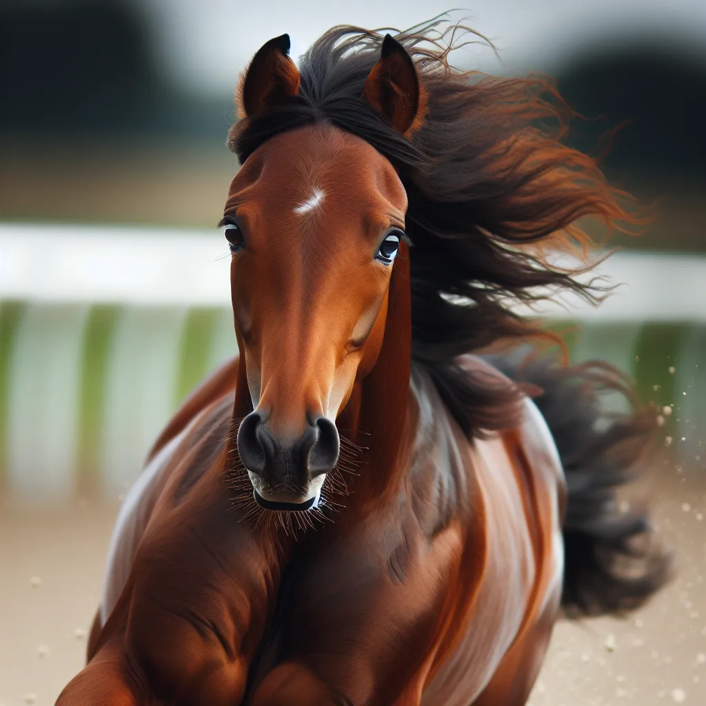 A chestnut filly races on a track, her eyes filled with a flickering spark of the human soul she used to possess.