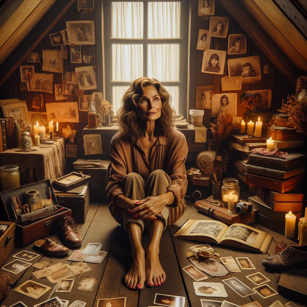 An emotional and transformative story unfolds in a cozy attic, where young Owen mysteriously transforms into his mother, Marilyn, through a magical encounter with a photo album. As Marilyn navigates her new adult life and memories while preserving her past as Owen, the attic becomes a sanctuary of contemplation and nostalgia. The image captures Marilyn, now with grown-up features and French-tipped nails, in the attic surrounded by old memories and the symbolic sandals that anchor her to her new 