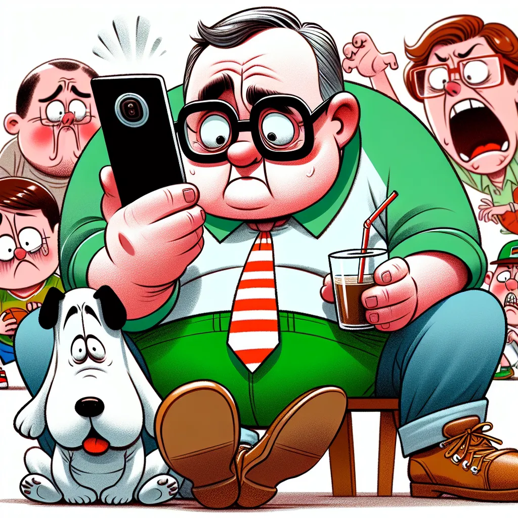 Description: A cartoon depiction of Peter Griffin, the central character of the animated TV show "Family Guy," watching a comedic video on his phone while enjoying a drink. In the background, his dog Brian looks shocked, his son Stewie mocks him, and his wife Lois expresses frustration.