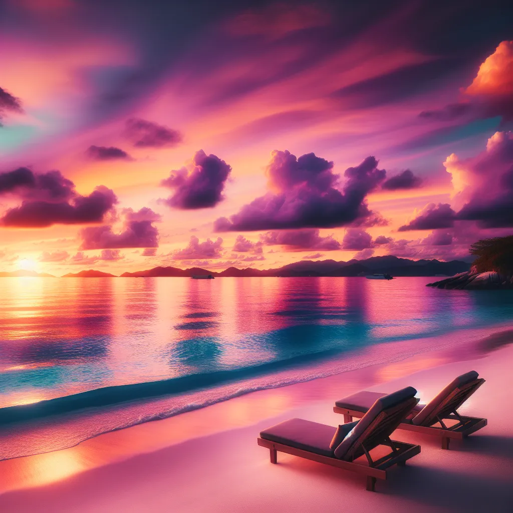 "Image of a serene beach at sunset, with gentle waves washing up against the sandy shore and a vibrant orange, pink, and purple sky above. Two lounge chairs sit empty, inviting viewers to imagine themselves relaxing in this tranquil paradise."