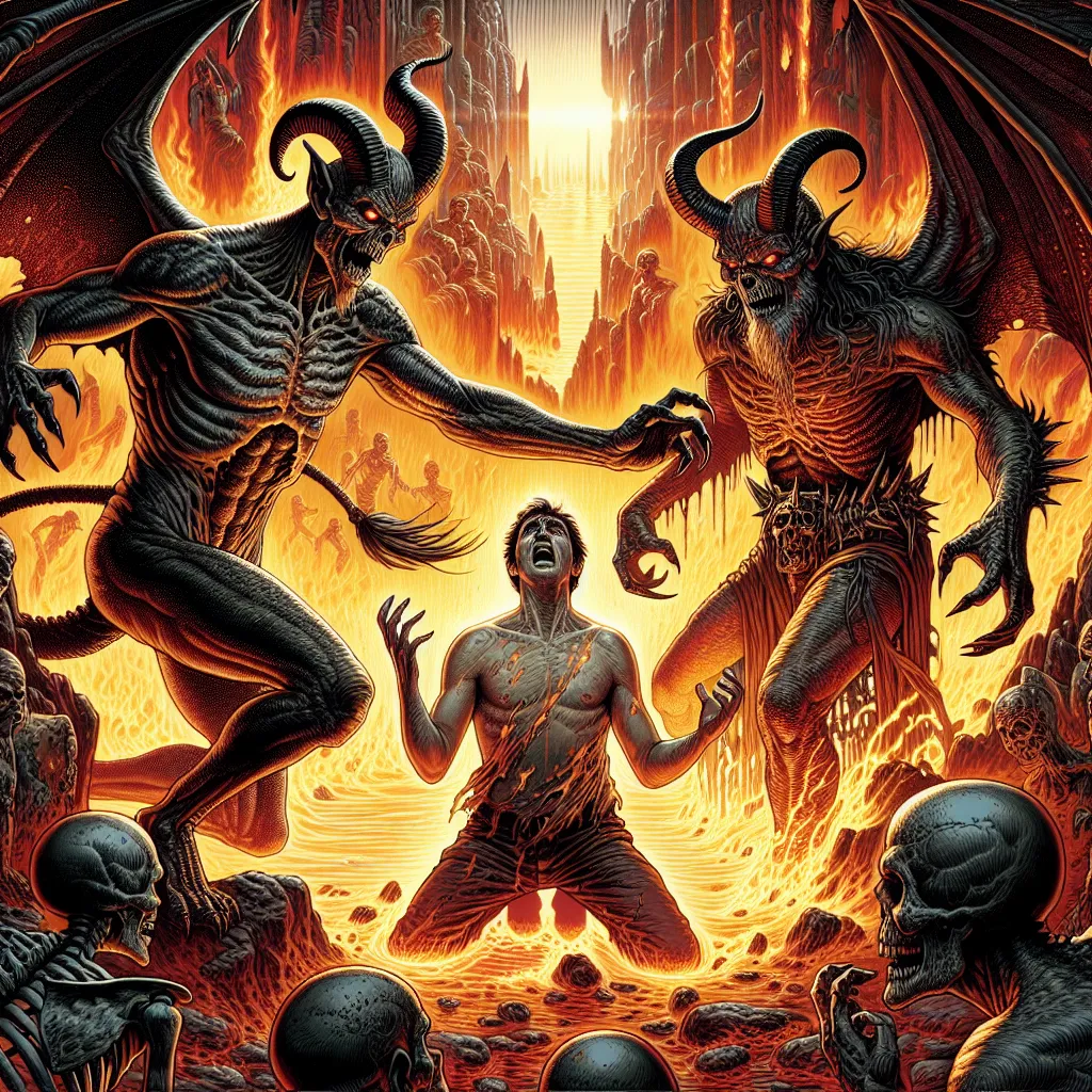 The image depicts three demon characters standing in a fiery, hellish environment. They are surrounded by flames as they confront a person who appears to be pleading for mercy. The demons are portrayed as menacing and determined, while the person is depicted as desperate and afraid. The image captures the theme of redemption and the struggle between good and evil in a fantasy setting.