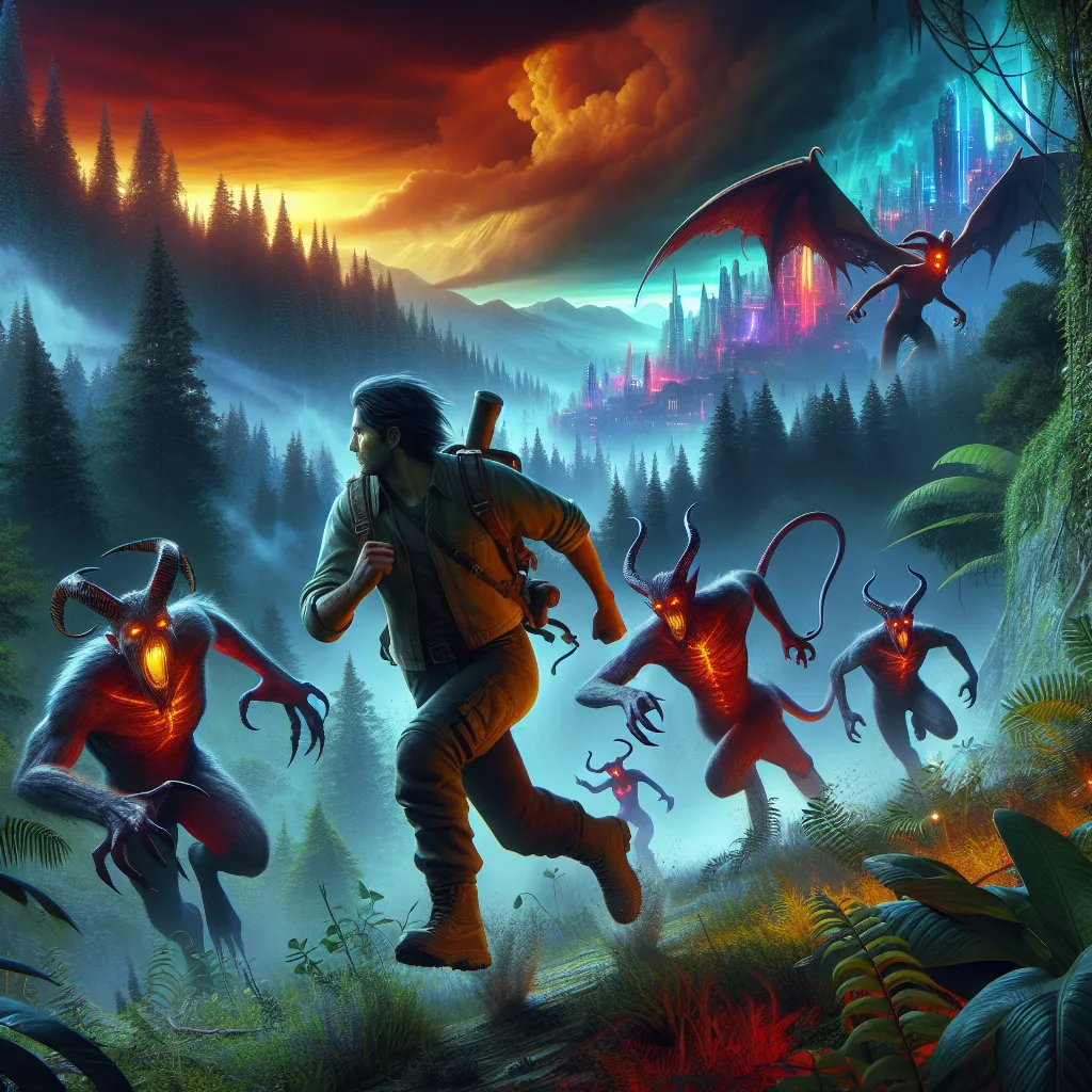 A dramatic fantasy scene unfolds as a human-sized character on Hațeg Island tries to escape from a group of demons who have come to hunt them. The demons, including Blitzo, Moxxie, Millie, and Loona, mock and taunt the human, who desperately tries to evade capture. The tension builds as the chase leads to a brutal confrontation, ultimately transforming the human into a demonic being in a vivid, neon-lit cityscape.