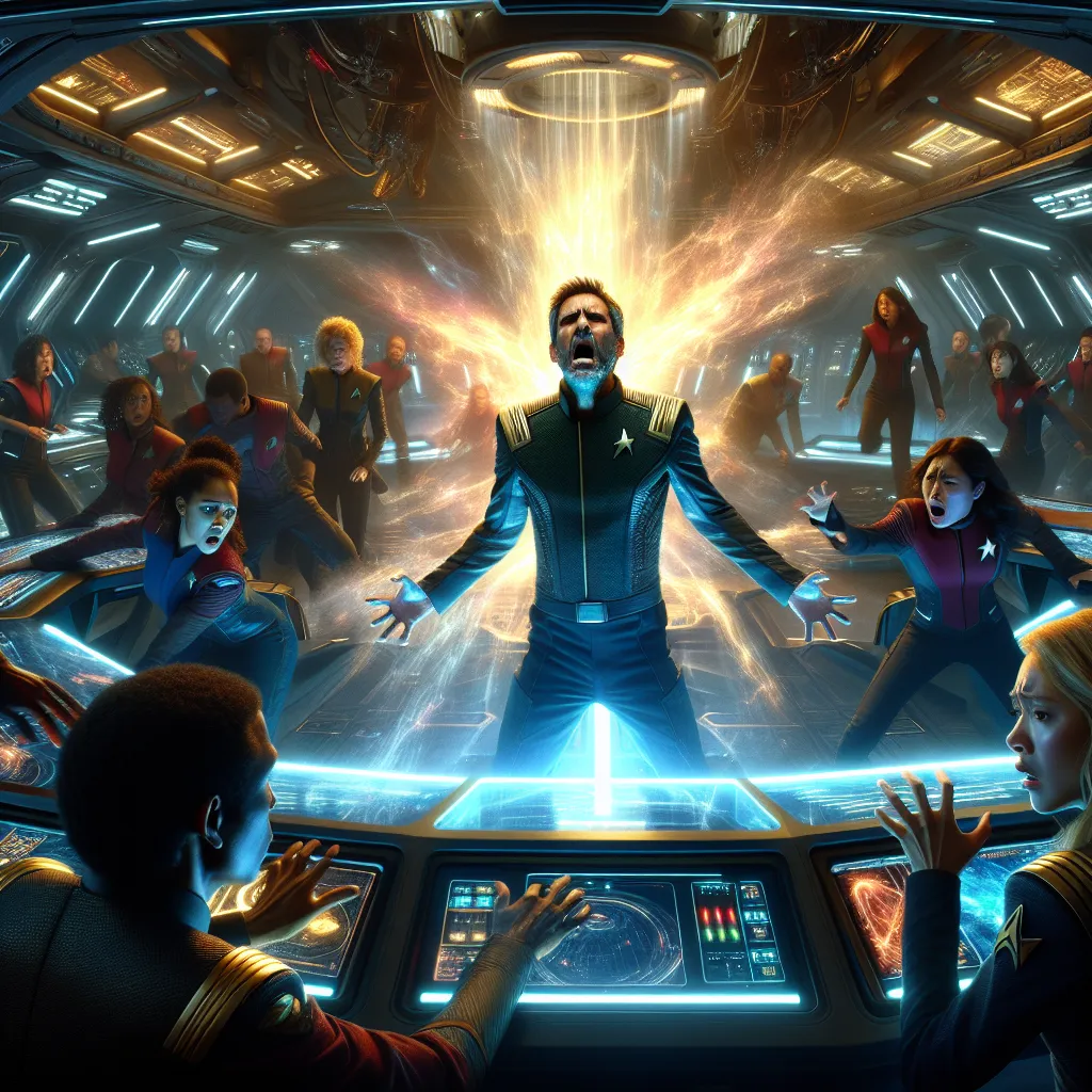 The image will depict the dramatic scene on the bridge of the Protector II spaceship, capturing the raw emotion and horror of the crew as they witness the tragic sacrifice of their captain, Jason Nesmith. The atmosphere is tense and tragic, with Gwen DeMarco's panicked expression, Fred Kwan's frantic attempts at the controls, and the others' reactions of shock and despair. The image should convey the overwhelming sense of loss and guilt felt by the crew, as they grapple with the consequences of