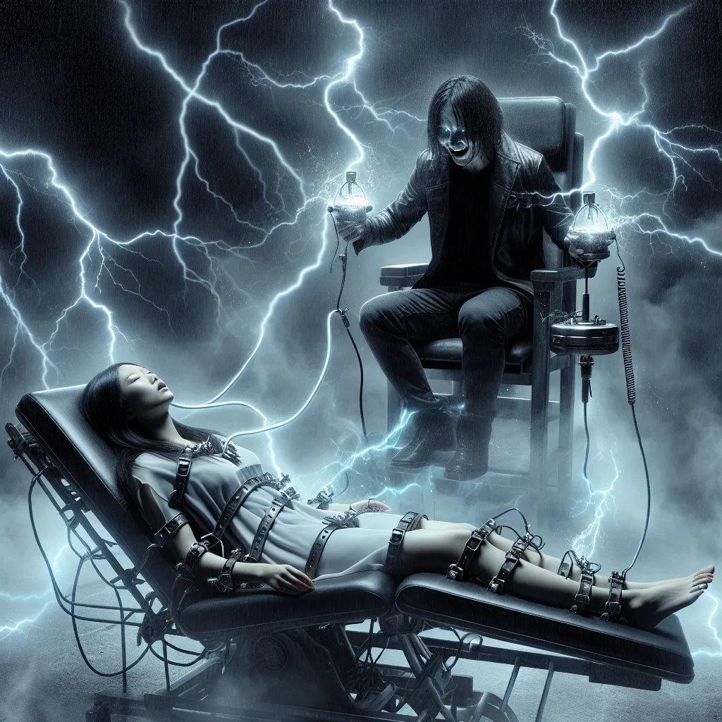 A dark and haunting image depicting a lightning-filled night, with two figures in medical chairs at the center. One, a woman named Miyafuji Yoshika, lies unconscious, while Air Chief Marshal Trevor Maloney, wide-eyed and grinning sinisterly, prepares to swap souls with her. The air is charged with an ominous energy as the soul-swapping device activates, binding them both with metal cuffs. In the final moments, the original Yoshika awakens, realizing the impending horror. As the exchange is compl