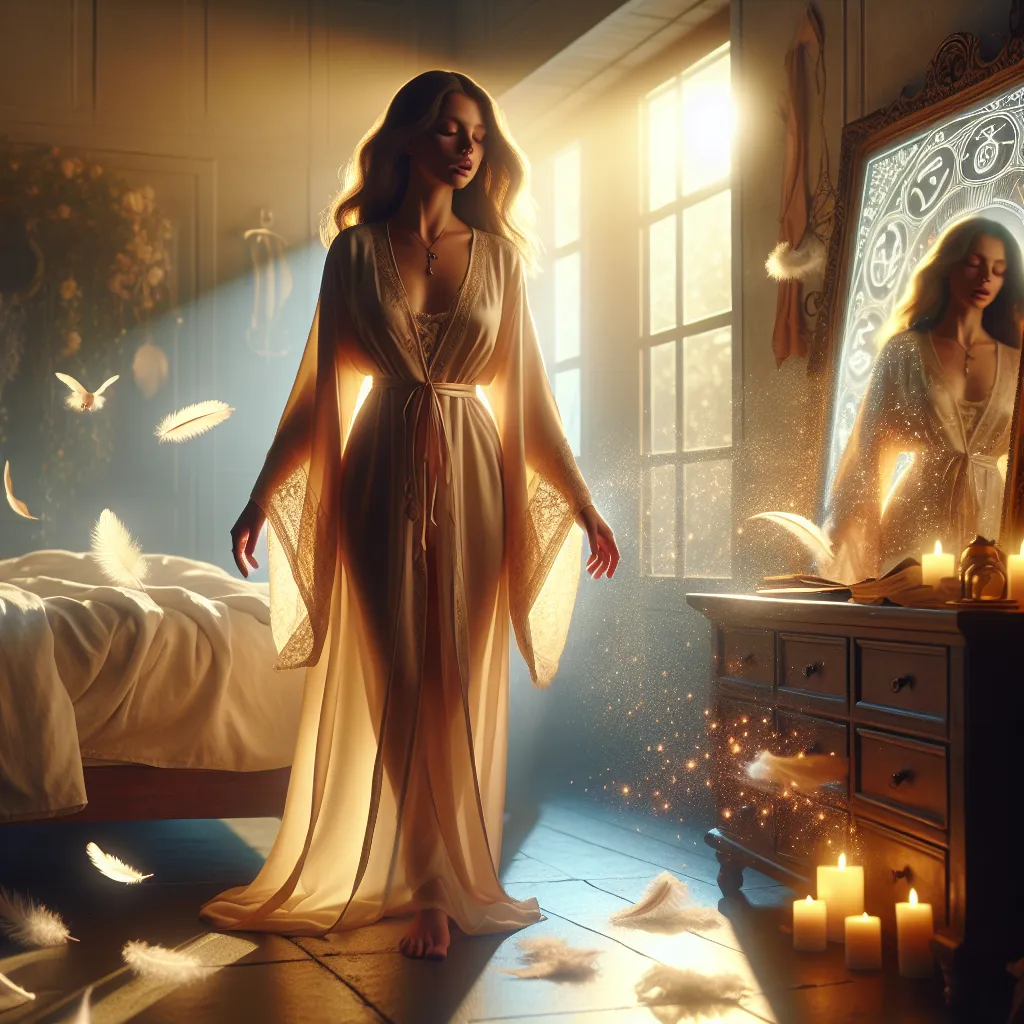 A magical image of a woman, Alondra, awakening in the soft morning light, surrounded by the remnants of a transformative night, hints of identity shift lingering in the air.